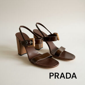 Women's Prada Brown Patent Leather Wood Heel Sandals Size 9